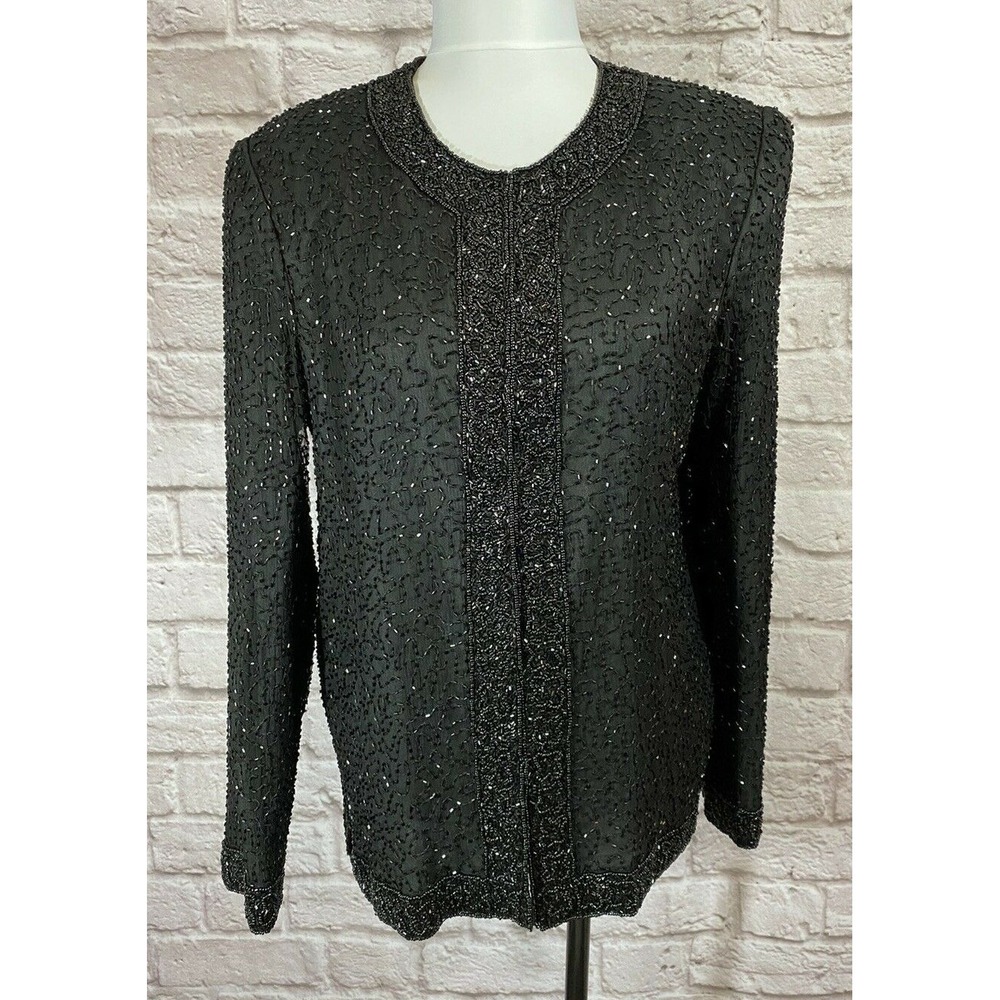 VTG Laurence Kazar 100% Silk Beaded Evening Cardigan Top Sz S Solid Black